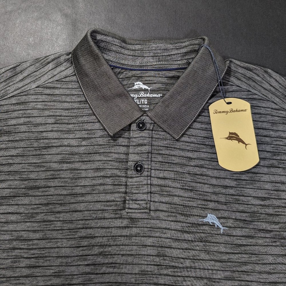 Tommy Bahama Men`s Polo Shirt Size M Striped Coal Short Sleeve Gray